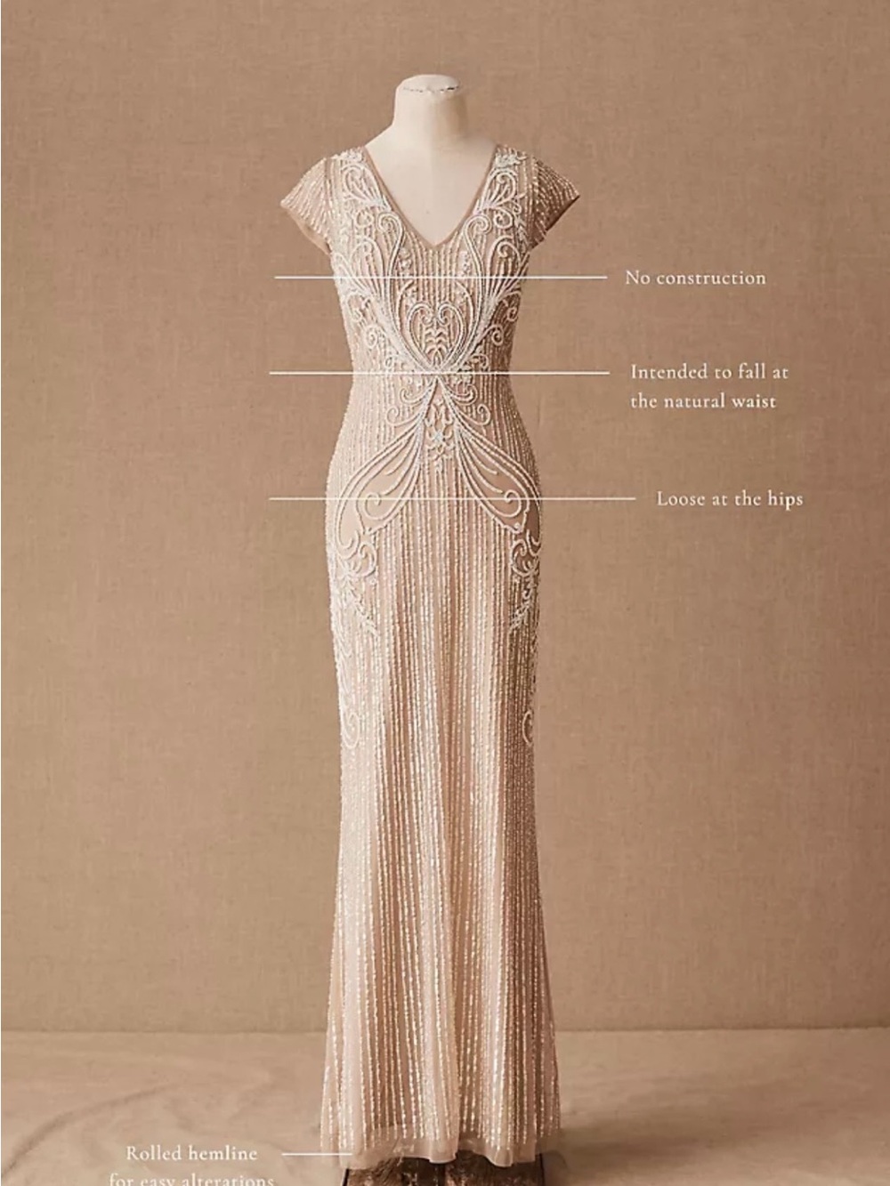 BHLDN Champagne-Beaded V-Neck Maxi Dress